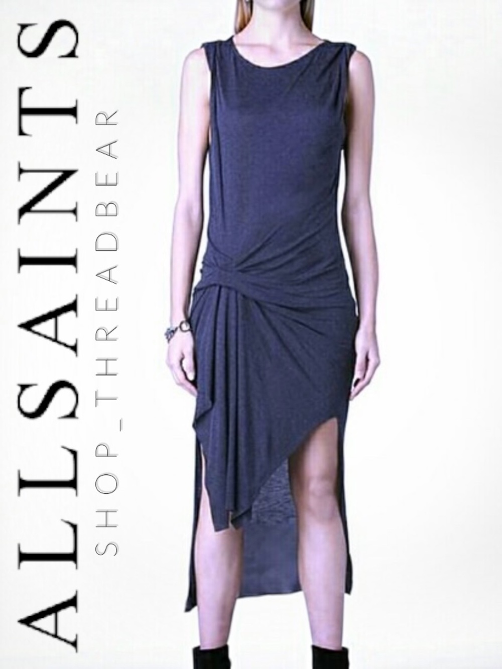 EUC [ALLSAINTS] WOW! Asymmetrical Charcoal Grey Sleeveless Midi Dress | Small
